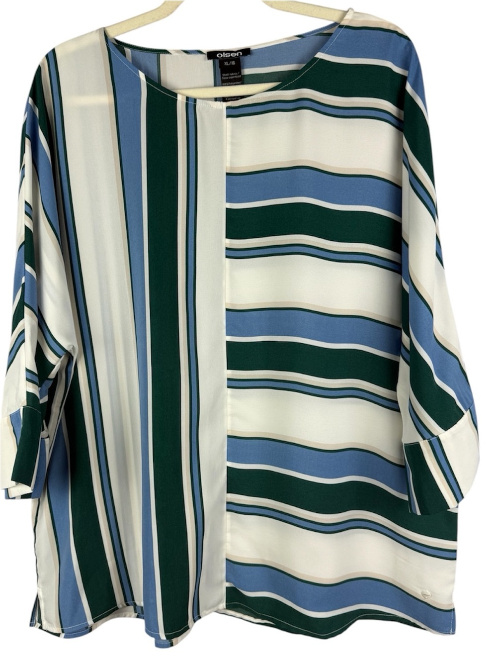 Olsen Striped Tunic Blouse XL 16 Blue Green Mixed Stripe 3/4 Sleeve Top